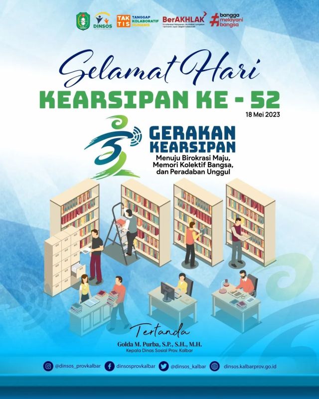 HARI KEARSIPAN NASIONAL 

Tanggal 18 Mei ditetapkan sebagai Hari Kearsipan Nasional berdasarkan Keputusan Kepala Arsip Nasional Republik Indonesia. Fokus peringatan ini adalah mengoptimalkan transformasi digital kearsipan dan Reformasi Birokrasi sebagai isu utama. 

Mari kita memanfaatkan momentum ini untuk memperkuat kearsipan dalam era digital, mendorong kemajuan birokrasi, dan memperkaya memori kolektif bangsa. 

Dengan menghadirkan peradaban unggul, kita berkontribusi dalam mencapai masa depan yang berkelanjutan bagi Indonesia 

________
#dinassosialprovkalbar #dinsoskalbar #harikearsipannasional #kearsipan #harikearsipan #gerakankearsipan #menujubirokrasimaju #kalbar #TAKTIS #melayanidengansepenuhhati